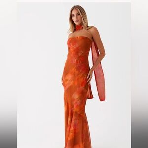 Peppermayo - Under the Pagoda Maxi Dress Amber - Strapless Orange Floral Dress